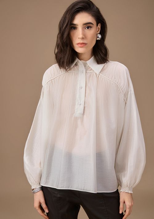 Camisa Maria.Valentina Oversized Gola Clássica Manga Longa Padrão Off White