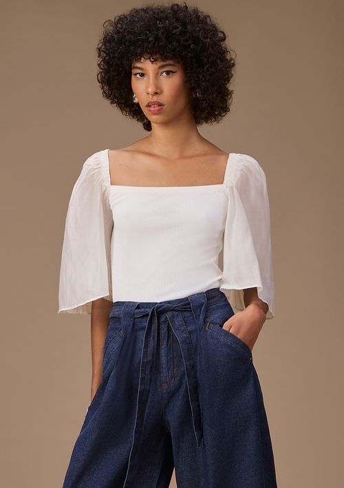 Blusa Maria.Valentina Ajustada Decote Reto Manga Curta Padrão Off White