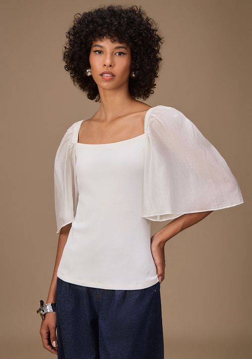 Blusa Maria.Valentina Ajustada Decote Reto Manga Curta Padrão Off White