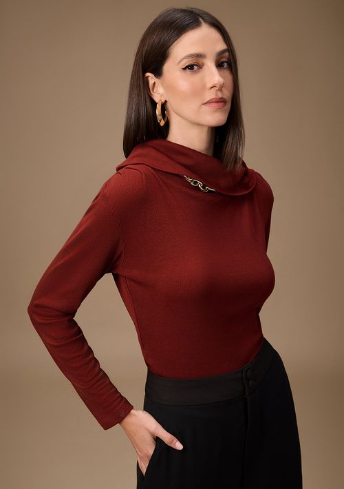 Blusa Maria.Valentina Ajustada Gola Alta Manga Longa Padrão Marrom