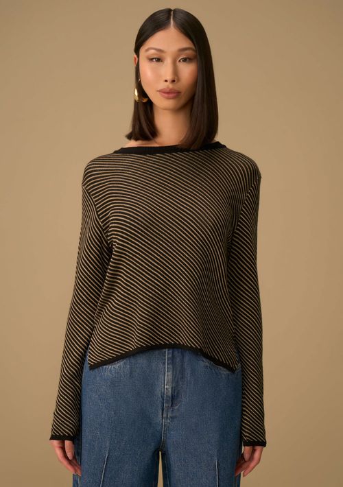 Blusa Maria.Valentina Ajustada Decote Careca Manga Longa Padrão Preto