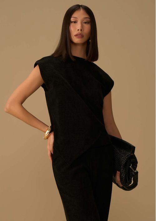 Blusa Maria.Valentina Solta Gola Alta Manga Curta Padrão Preto