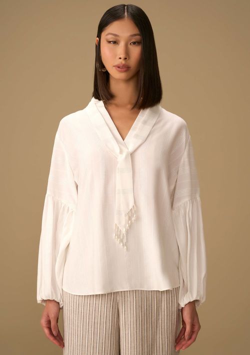 Blusa Maria.Valentina Solta Decote V Manga Longa Padrão Off White
