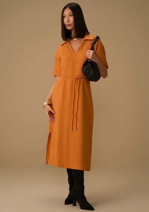 Vestido Maria.Valentina Solto Polo Manga Curta Midi Laranja