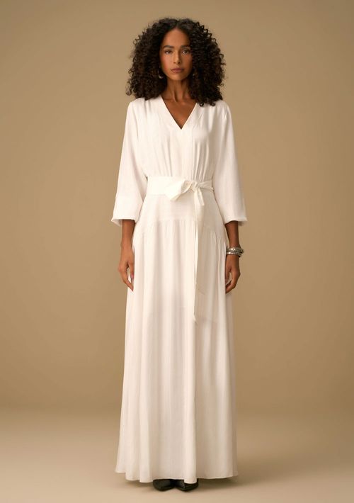 Vestido Maria.Valentina Ajustado Decote V Manga Longa Midi Off White