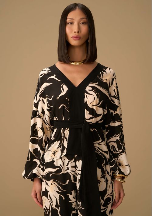 Blusa Maria.Valentina Solta Decote V Manga Longa Padrão Preto