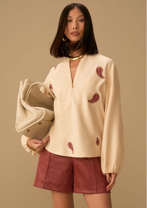 Blusa Maria.Valentina Solta Decote V Manga Longa Padrão Bege