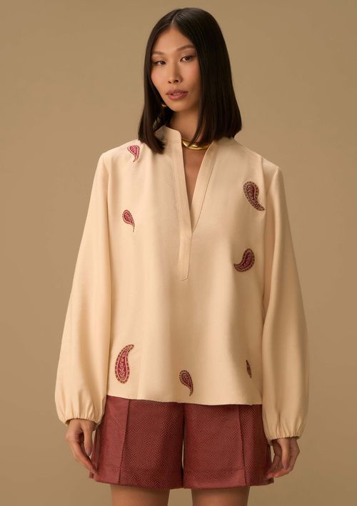 Blusa Maria.Valentina Solta Decote V Manga Longa Padrão Bege