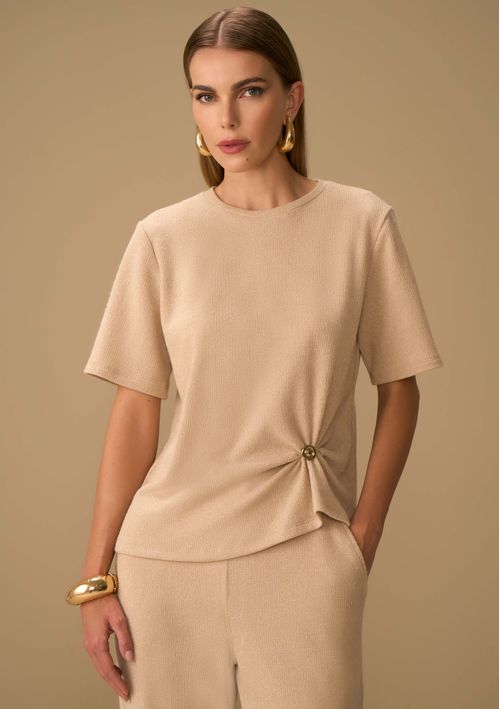 Blusa Maria.Valentina Solta Decote Careca Manga Curta Padrão Bege