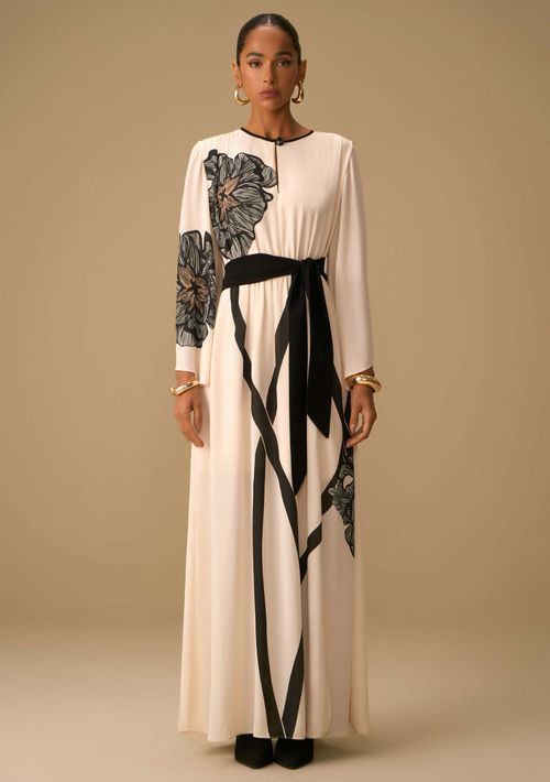 Vestido Maria.Valentina Solto Decote Careca Manga 7 Oitavos Longo Bege