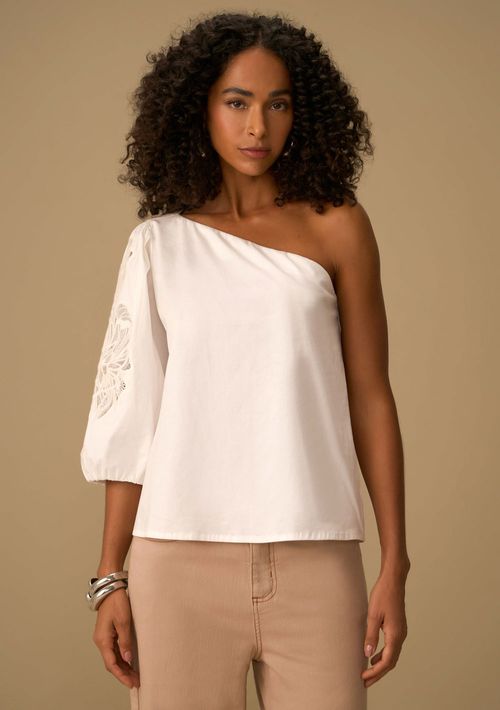 Blusa Maria.Valentina Solta Um Ombro Só Manga 3 Quartos Padrão Off White