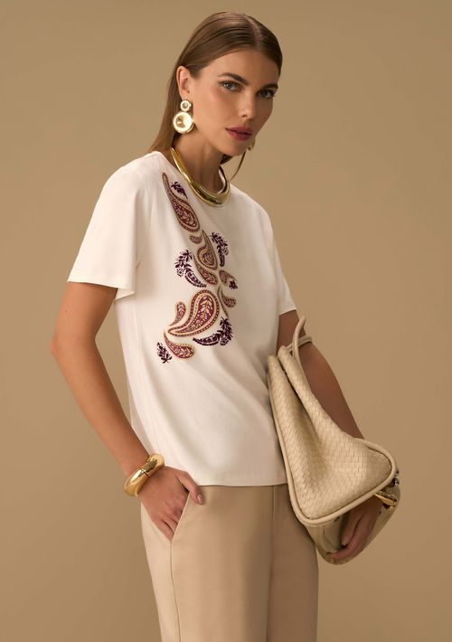 Camiseta Maria.Valentina Solta Decote Careca Manga Curta Padrão Off White