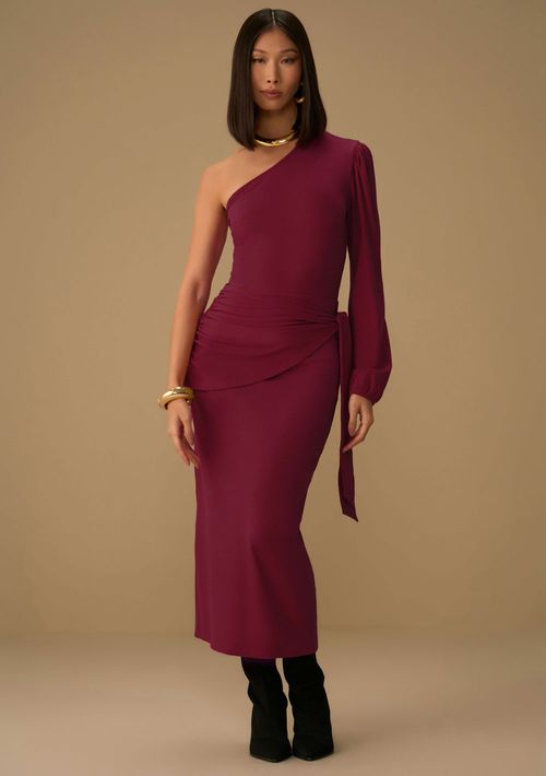 Vestido Maria.Valentina Solto Um Ombro Só Manga Longa Midi Bordo