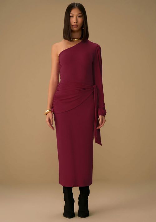 Vestido Maria.Valentina Solto Um Ombro Só Manga Longa Midi Bordo