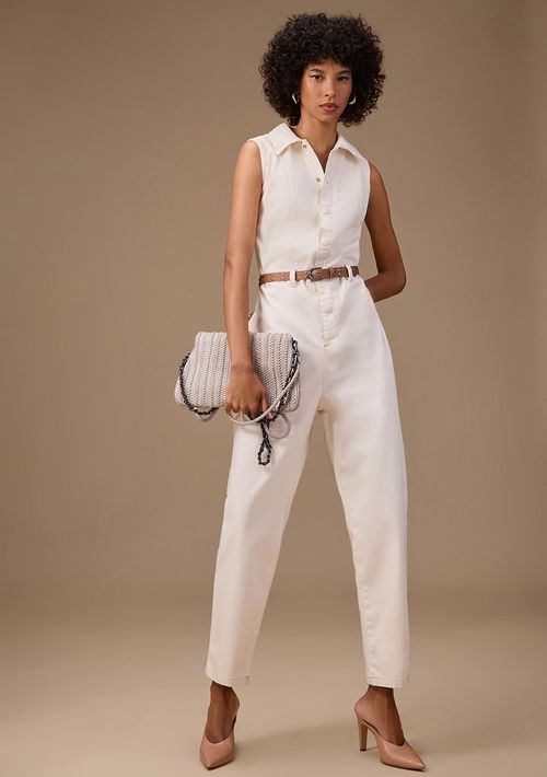 Macacão Maria.Valentina Ajustado Polo Sem Manga Longo Off White