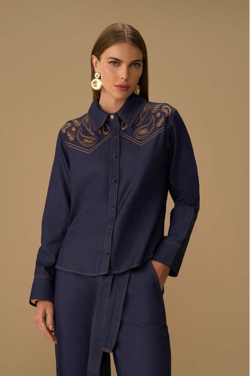Camisa Maria.Valentina Solta Polo Manga Longa Padrão Azul