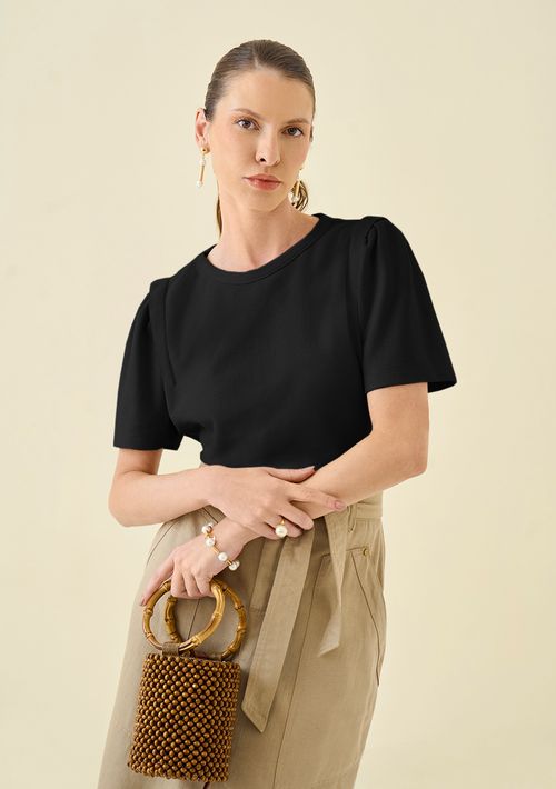Blusa Maria.Valentina Decote Redondo Manga Curta Com Pregas Preto