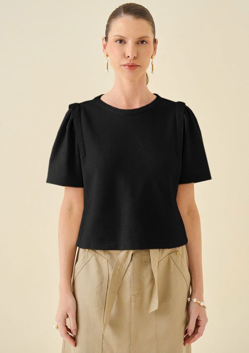 Blusa Maria.Valentina Decote Redondo Manga Curta Com Pregas Preto