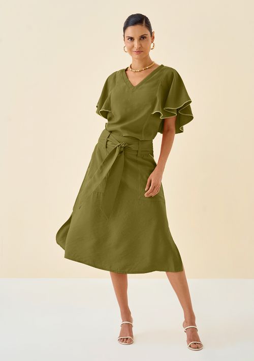 Saia Maria.Valentina Midi Evasê Com Faixa Verde