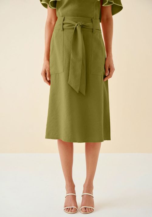 Saia Maria.Valentina Midi Evasê Com Faixa Verde