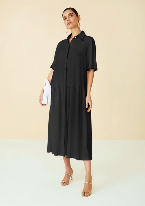 Vestido Maria.Valentina Longo Gola Camisa Com Botão Preto