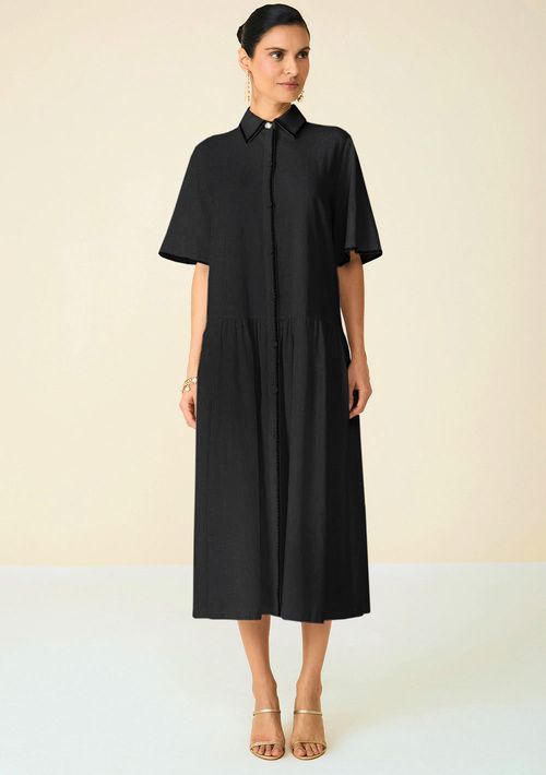 Vestido Maria.Valentina Longo Gola Camisa Com Botão Preto