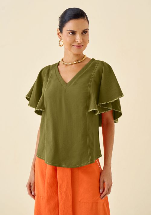 Blusa Maria.Valentina Decote V Manga Curta Detalhe Pesponto Verde