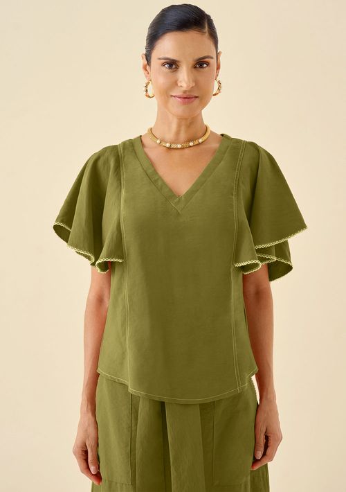 Blusa Maria.Valentina Decote V Manga Curta Detalhe Pesponto Verde