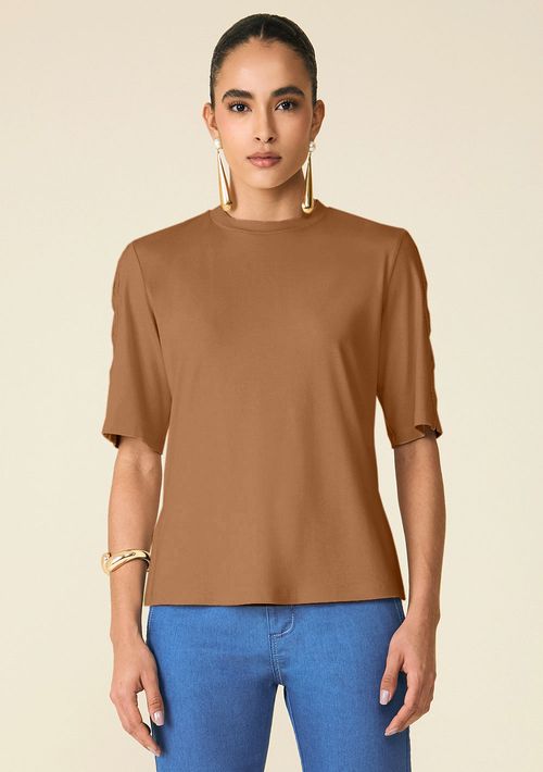 Blusa Maria.Valentina Decote Redondo Manga Curta Detalhe Renda Marrom