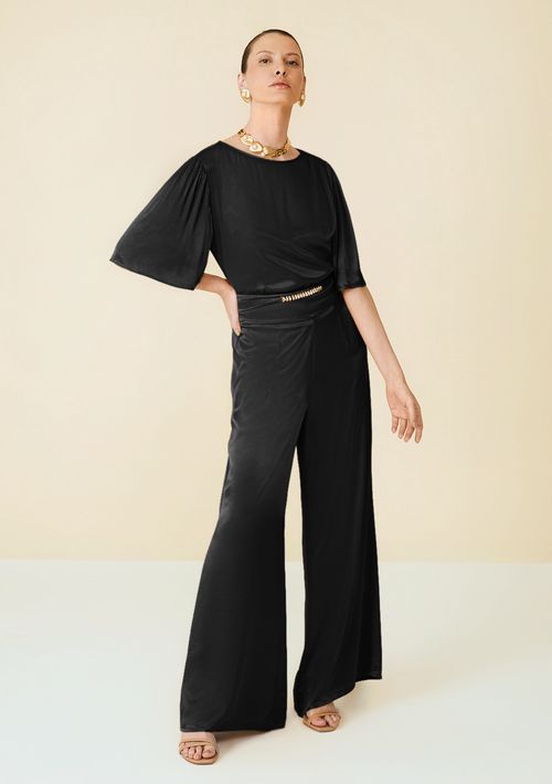 Calça Maria.Valentina Pantalona Cós Alto Com Metal Preto