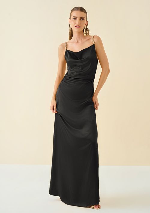 Vestido Maria.Valentina Longo Decote Degage Detalhe Alça Preto