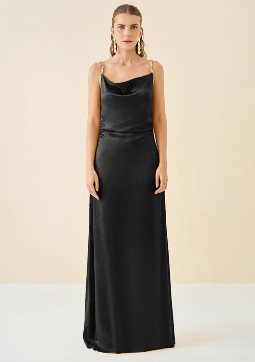 Vestido Maria.Valentina Longo Decote Degage Detalhe Alça Preto