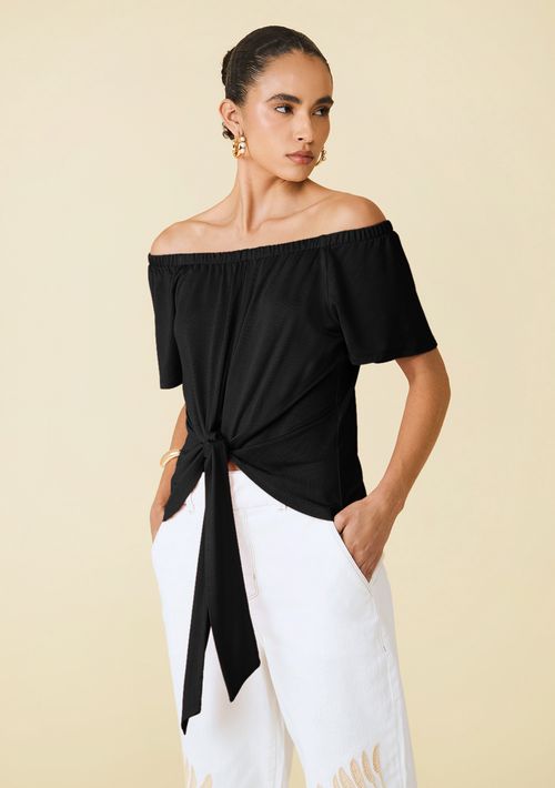 Blusa Maria.Valentina Solta Ombro A Ombro Manga Curta Padrão Preto