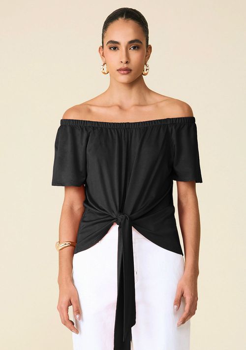 Blusa Maria.Valentina Solta Ombro A Ombro Manga Curta Padrão Preto