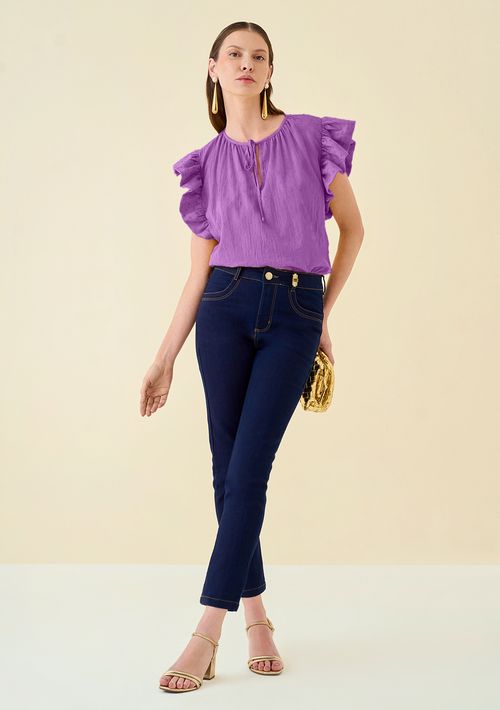 Blusa Maria.Valentina Decote Redondo Manga Babado Com Amarração Roxo
