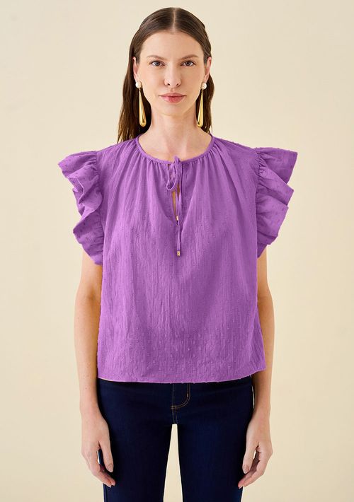 Blusa Maria.Valentina Decote Redondo Manga Babado Com Amarração Roxo