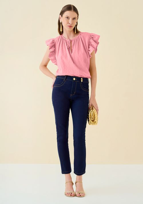 Blusa Maria.Valentina Decote Redondo Manga Babado Com Amarração Rosa
