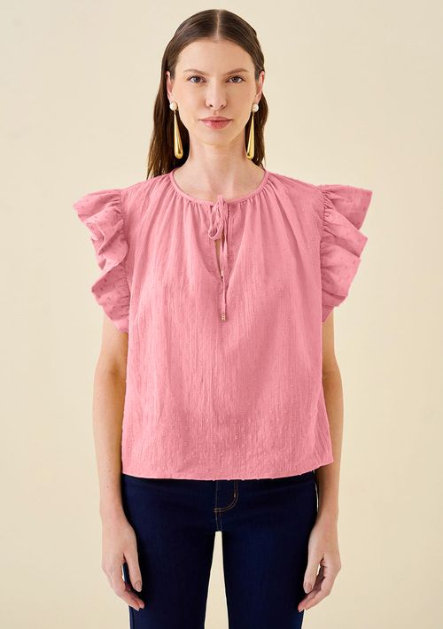 Blusa Maria.Valentina Decote Redondo Manga Babado Com Amarração Rosa