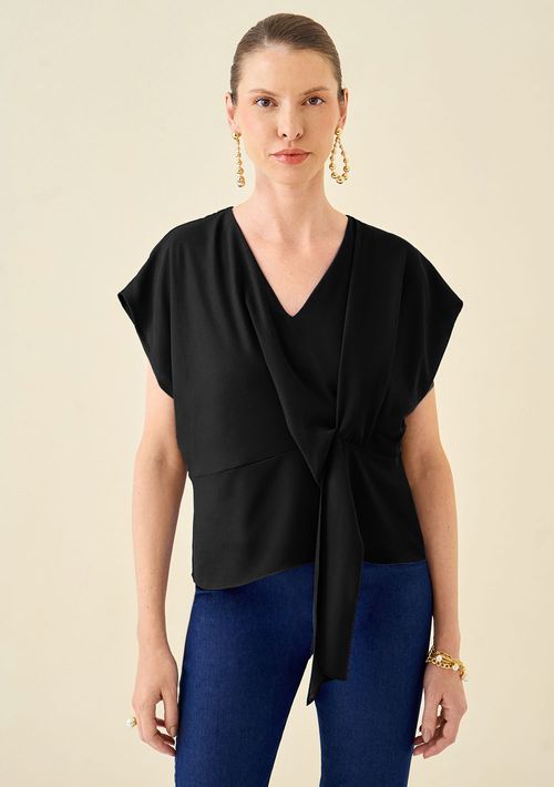 Blusa Maria.Valentina Decote V Cavada Amarração Frente Preto