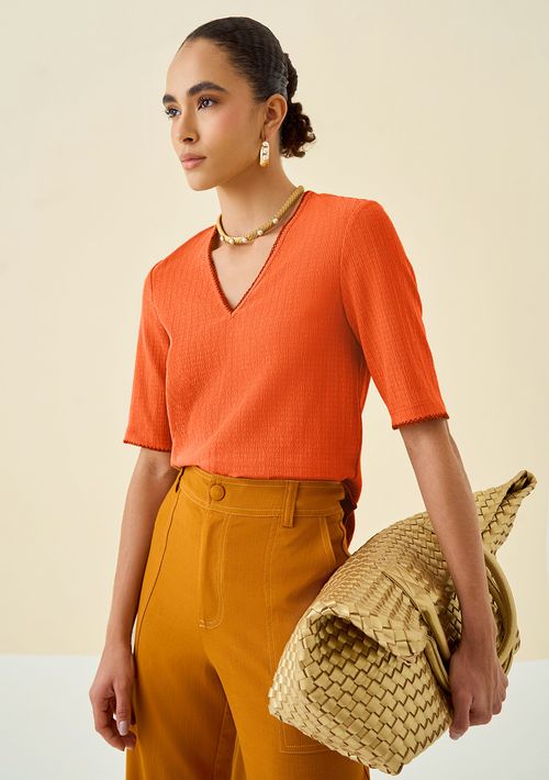 Blusa Maria.Valentina Ajustada Decote V Manga Curta Padrão Laranja