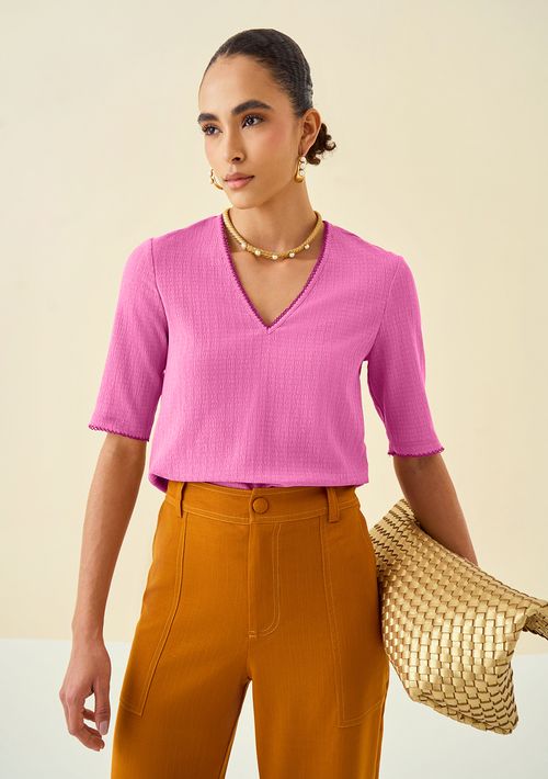 Blusa Maria.Valentina Ajustada Decote V Manga Curta Padrão Rosa