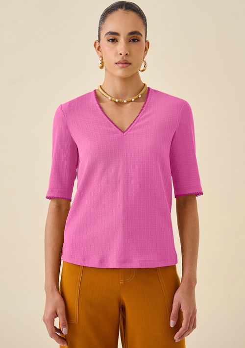 Blusa Maria.Valentina Ajustada Decote V Manga Curta Padrão Rosa