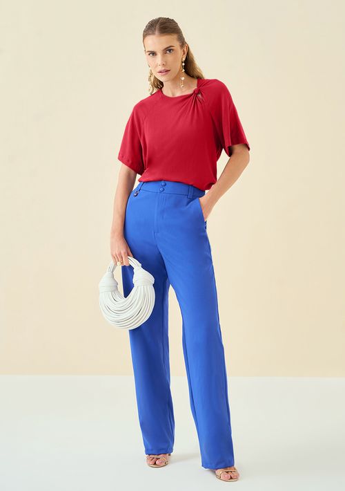 Blusa Maria.Valentina Solta Decote Careca Manga Curta Padrão Vermelho