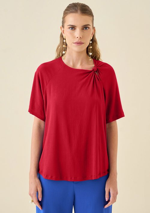 Blusa Maria.Valentina Solta Decote Careca Manga Curta Padrão Vermelho