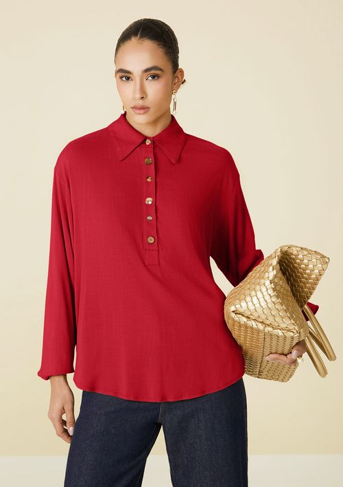 Camisa Maria.Valentina Oversized Gola Tradicional Manga Longa Padrão Vermelho