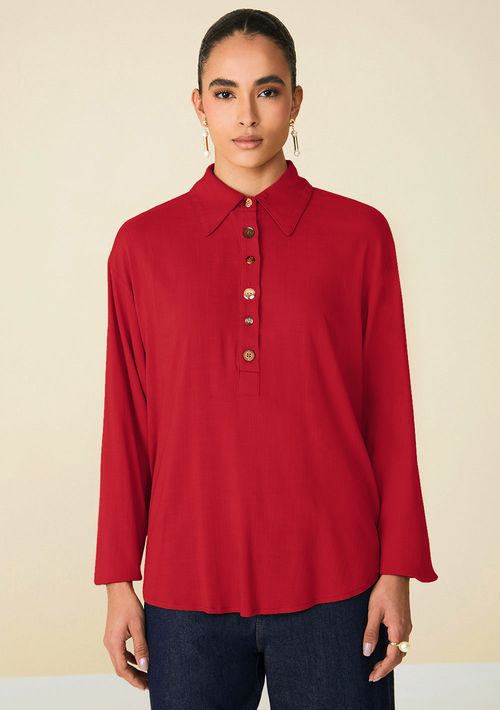 Camisa Maria.Valentina Oversized Gola Tradicional Manga Longa Padrão Vermelho