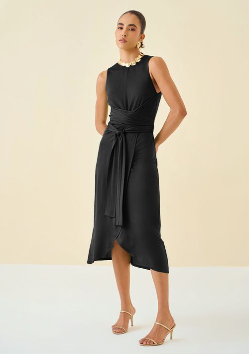 Vestido Maria.Valentina Ajustado Decote Canoa Sem Manga Midi Preto
