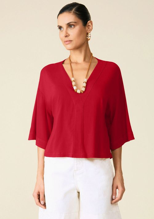 Blusa Maria.Valentina Solta Decote V Manga Curta Padrão Vermelho