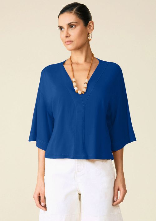 Blusa Maria.Valentina Solta Decote V Manga Curta Padrão Azul