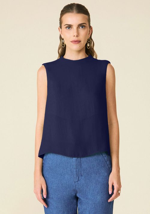 Blusa Maria.Valentina Solta Decote Careca Sem Alça Alongada Azul Escuro